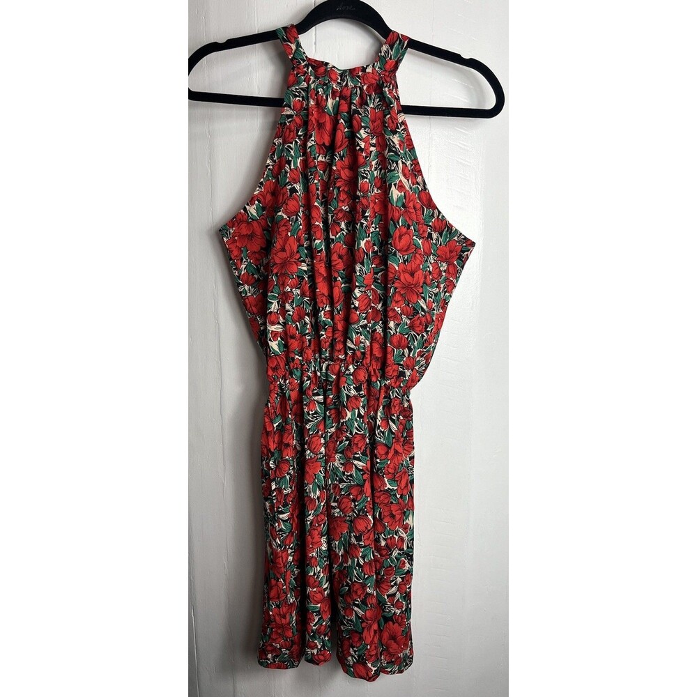 Women’s Yoins Sleeveless Halter Red Floral Print Elastic Waist Dress Size Small